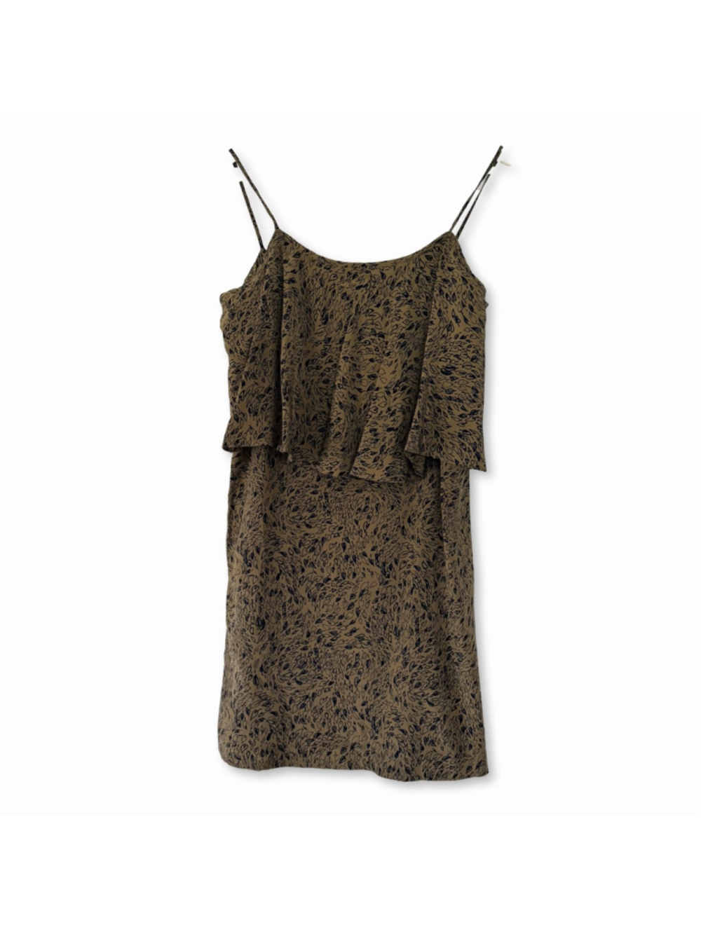 Silk Olive Green Black Leaf Print Spaghetti Strap Ruffle Mini Dress